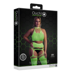 Ouch! Glow Ensemble Bustier Dos nu et Porte-Jarretelles 2 Pièces Vert Fluo